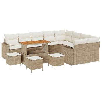 13-teiliges Garten Sofa Set mit Kissen Beige Poly Rattan Akazie, 4-teiliges Garten Essset mit Kissen Beige Poly Rattan Akazie