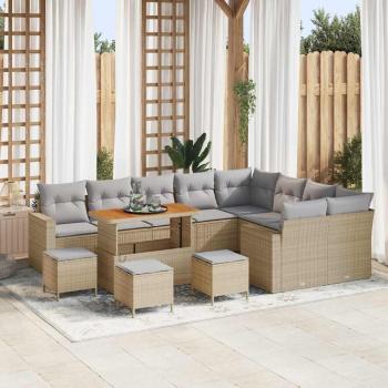 ARDEBO.de - 13-teiliges Garten Sofa Set mit Kissen Beige Poly Rattan Akazie, 4-teiliges Garten Esszimmer-Set mit Kissen Beige Poly Rattan Akazie