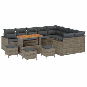 13-teiliges Garten Sofa Set mit Kissen Grau Poly Rattan Akazie, 4-teiliges Garten Esszimmer Set mit Kissen Grau Poly Rattan Akazie
