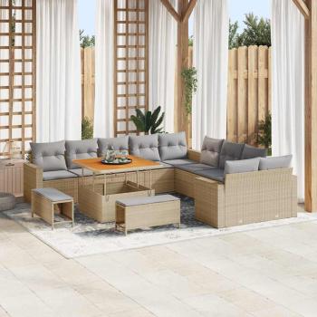 ARDEBO.de - 13-teiliges Garten Sofa Set mit Kissen Beige Poly Rattan Akazie, 3-teiliges Garten Essset mit Kissen Beige Poly Rattan Akazie