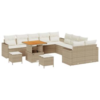 13 Teile Garten Sofa Set mit Kissen Beige Poly Rattan Akazie, 3 Teile Garten Esstisch Set mit Kissen Beige Poly Rattan Akazie