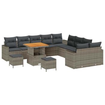13-teiliges Garten Sofa Set mit Kissen Grau Poly Rattan Akazie, 3-teiliges Garten Essgruppen Set mit Kissen Grau Poly Rattan Akazie