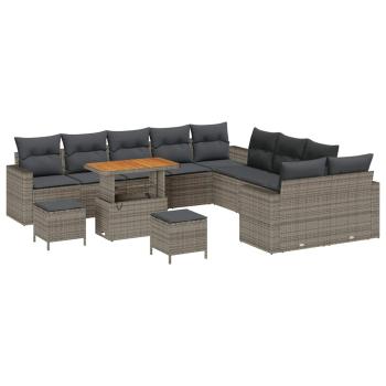 13-teiliges Garten Sofa Set mit Kissen Grau Poly Rattan Akazie, 3-teiliges Garten Esstisch Set mit Kissen Grau Poly Rattan Akazie