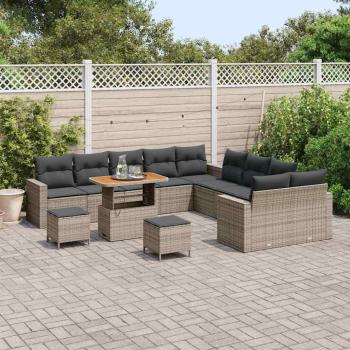 13-teiliges Garten Sofa Set mit Kissen Grau Poly Rattan Akazie, 3-teiliges Garten Esstisch Set mit Kissen Grau Poly Rattan Akazie