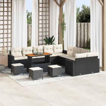 ARDEBO.de - 14-teiliges Garten-Sofa-Set mit Kissen Schwarz Poly Rattan Akazie, 4-teiliges Garten-Dining-Set mit Kissen Schwarz Poly Rattan Akazie