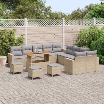 14-teiliges Garten-Sofa-Set mit Kissen Beige Poly-Rattan Akazie, 4-teiliges Garten-Ess-Set mit Kissen Beige Poly-Rattan Akazie