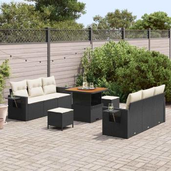 9-teiliges Garten Sofa Set mit Kissen, schwarzer Poly Rattan Akazie, 3-teiliges Garten Esszimmer Set mit Kissen, schwarzer Poly Rattan Akazie