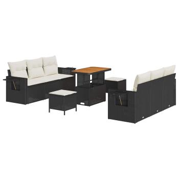 9-teiliges Garten-Sofa-Set mit Kissen Schwarz Poly Rattan Akazie, 3-teiliges Garten-Ess-Set mit Kissen Schwarz Poly Rattan Akazie