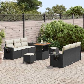 9-teiliges Garten-Sofa-Set mit Kissen Schwarz Poly Rattan Akazie, 3-teiliges Garten-Ess-Set mit Kissen Schwarz Poly Rattan Akazie