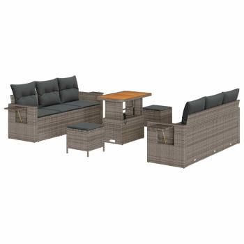 9-teiliges Garten Sofa Set mit Kissen Grau Poly Rattan Akazie, 3-teiliges Garten Essset mit Kissen Grau Poly Rattan Akazie