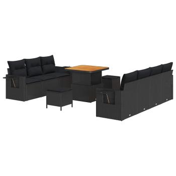 10-teiliges Garten Sofa Set mit Kissen Schwarz Poly Rattan Akazie, 3-teilige Garten Essgruppe mit Kissen Schwarz Poly Rattan Akazie