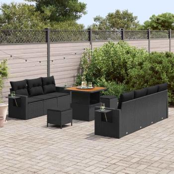 10-teiliges Garten Sofa Set mit Kissen Schwarz Poly Rattan Akazie, 3-teilige Garten Essgruppe mit Kissen Schwarz Poly Rattan Akazie