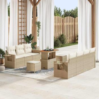 ARDEBO.de - 10-teiliges Garten Sofa Set mit Kissen Beige Poly-Rattan Akazie, 3-teiliges Garten Esstisch Set mit Kissen Beige Poly-Rattan Akazie