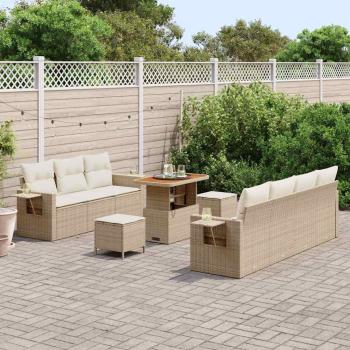 10-teiliges Garten Sofa Set mit Kissen Beige Poly-Rattan Akazie, 3-teiliges Garten Esstisch Set mit Kissen Beige Poly-Rattan Akazie