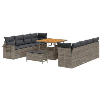 11-teiliges Garten-Sofa-Set mit Kissen Grau Poly Rattan Akazie, 3-teiliges Garten-Dining-Set mit Kissen Grau Poly Rattan Akazie