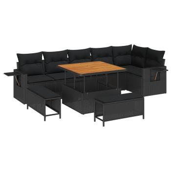 ARDEBO.de - 9-teiliges Garten Sofa Set mit Kissen Schwarz Poly Rattan Akazie, 3-teiliges Garten Esstisch-Set mit Kissen Schwarz Poly Rattan Akazie
