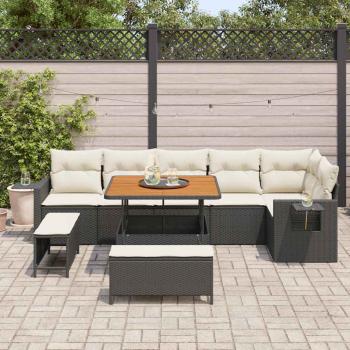 9-teiliges Garten Sofa Set mit Kissen Schwarzes Poly Rattan Akazie, 3-teiliges Garten Ess-Set mit Kissen Schwarzes Poly Rattan Akazie