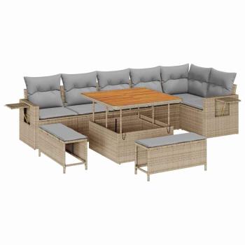 9-teiliges Garten-Sofa-Set mit Kissen Beige Poly Rattan Akazie, 3-teiliges Garten-Ess-Set mit Kissen Beige Poly Rattan Akazie