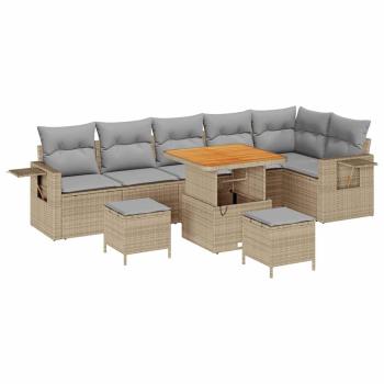 9-teilige Garten-Sofa-Set mit Kissen Beige Poly-Rattan Akazie,  3-teiliges Garten-Dining-Set mit Kissen Beige Poly-Rattan Akazie