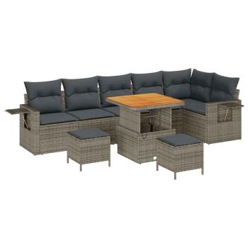 9-teiliges Garten Sofa Set mit Kissen Grau Poly Rattan Akazie, 3-teiliges Garten Esszimmer Set mit Kissen Grau Poly Rattan Akazie
