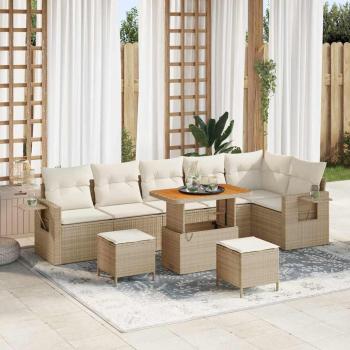 ARDEBO.de - 9-teiliges Garten Sofa Set mit Kissen Beige Poly Rattan Akazie, 3-teiliges Garten Ess Set mit Kissen Beige Poly Rattan Akazie