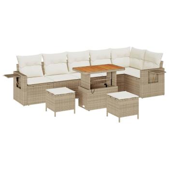 9-teiliges Garten Sofa Set mit Kissen Beige Poly Rattan Akazie, 3-teiliges Garten Ess Set mit Kissen Beige Poly Rattan Akazie