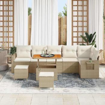 9-teiliges Garten Sofa Set mit Kissen Beige Poly Rattan Akazie, 3-teiliges Garten Ess Set mit Kissen Beige Poly Rattan Akazie