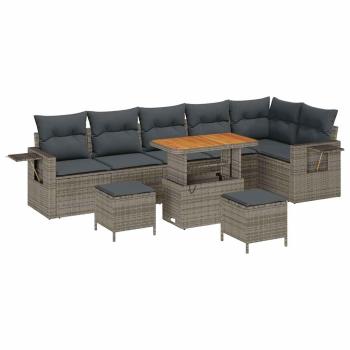 9-teiliges Garten-Sofa-Set mit Kissen Grau Poly-Rattan Akazie, 3-teiliges Garten-Ess-Set mit Kissen Grau Poly-Rattan Akazie