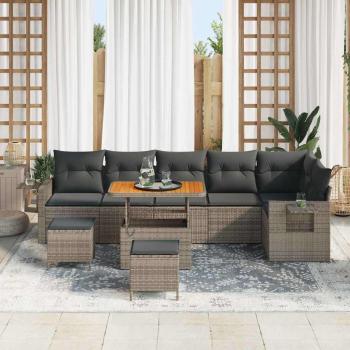 9-teiliges Garten-Sofa-Set mit Kissen Grau Poly-Rattan Akazie, 3-teiliges Garten-Ess-Set mit Kissen Grau Poly-Rattan Akazie
