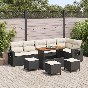 ARDEBO.de - 10-teilige Garten Sofa Set mit Kissen Schwarz Poly Rattan Akazie, 4-teiliges Garten Esstisch Set mit Kissen Schwarz Poly Rattan Akazie