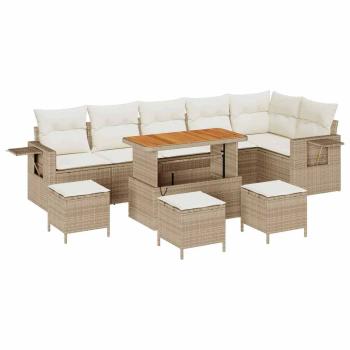 10-teiliges Garten Sofa Set mit Kissen Beige Poly Rattan Akazie, 4-teiliges Garten Esszimmer Set mit Kissen Beige Poly Rattan Akazie