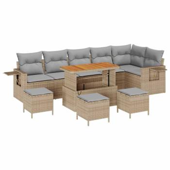 10-teiliges Garten Sofa Set mit Kissen Beige Poly Rattan Akazie, 4-teiliges Garten Essset mit Kissen Beige Poly Rattan Akazie