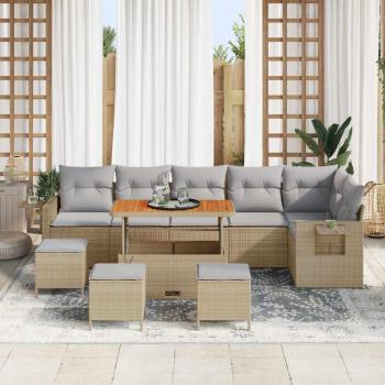 10-teiliges Garten Sofa Set mit Kissen Beige Poly Rattan Akazie, 4-teiliges Garten Essset mit Kissen Beige Poly Rattan Akazie