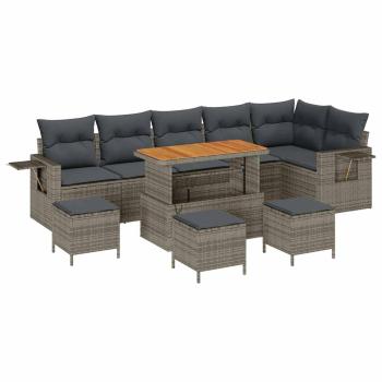 10-teiliges Garten Sofa Set mit Kissen Grau Poly Rattan Akazie, 4-teiliges Garten Essenset mit Kissen Grau Poly Rattan Akazie