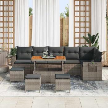 10-teiliges Garten Sofa Set mit Kissen Grau Poly Rattan Akazie, 4-teiliges Garten Essenset mit Kissen Grau Poly Rattan Akazie