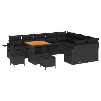 12-teilige Garten Sofa Set mit Kissen Schwarz Poly Rattan Akazie, 3-teilige Garten Essgruppe mit Kissen Schwarz Poly Rattan Akazie