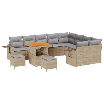 12-teiliges Garten-Sofa-Set mit Kissen Beige Poly Rattan Akazie, 3-teiliges Garten-Dining-Set mit Kissen Beige Poly Rattan Akazie