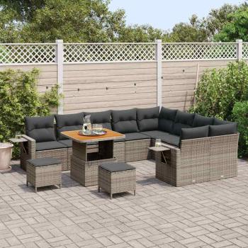 12-teiliges Garten-Sofa-Set mit Kissen Grau Poly-Rattan Akazie, 3-teiliges Garten-Dining-Set mit Kissen Grau Poly-Rattan Akazie