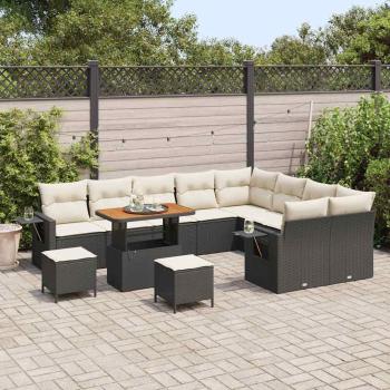 12-teiliges Garten Sofa Set mit Kissen Schwarz Poly-Rattan Akazie, 3-teiliges Garten Esszimmer Set mit Kissen Schwarz Poly-Rattan Akazie