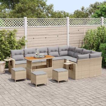 13-teiliges Garten Sofa Set mit Kissen in Beige aus Poly Rattan und Akazie, 4-teiliges Garten Essgruppe mit Kissen in Beige aus Poly Rattan und Akazie