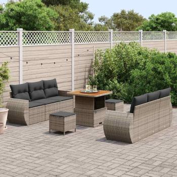 9-teiliges Garten Sofa Set mit Kissen Grau Poly Rattan Akazie, 3-teiliges Garten Essset mit Kissen Grau Poly Rattan Akazie