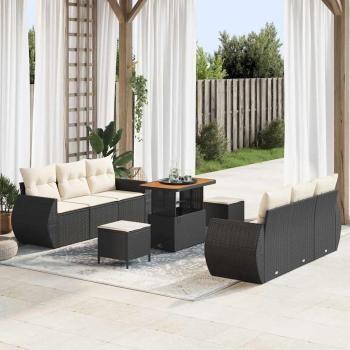 ARDEBO.de - 9-teiliges Garten-Sofa-Set mit Kissen Schwarz Poly Rattan Akazie, 3-teiliges Garten-Ess-Set mit Kissen Schwarz Poly Rattan Akazie