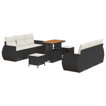 9-teiliges Garten-Sofa-Set mit Kissen Schwarz Poly Rattan Akazie, 3-teiliges Garten-Ess-Set mit Kissen Schwarz Poly Rattan Akazie