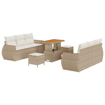 9-teiliges Garten-Sofa-Set mit Kissen Beige Poly Rattan Akazie, 3-teiliges Garten-Ess-Set mit Kissen Beige Poly Rattan Akazie