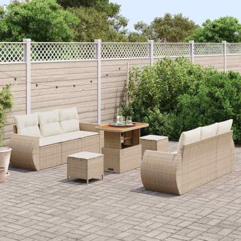 9-teiliges Garten-Sofa-Set mit Kissen Beige Poly Rattan Akazie, 3-teiliges Garten-Ess-Set mit Kissen Beige Poly Rattan Akazie