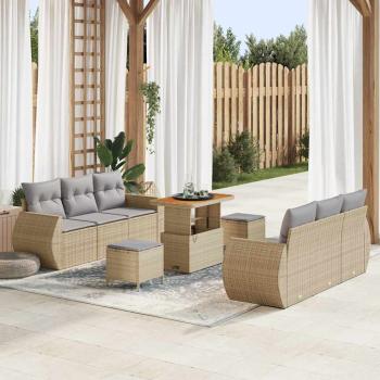 ARDEBO.de - 9-teiliges Garten Sofa Set mit Kissen Beiges Poly Rattan Akazie, 3-teiliges Garten Essset mit Kissen Beiges Poly Rattan Akazie