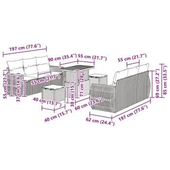 9-teiliges Garten-Sofa-Set mit Kissen grau Poly Rattan Akazie, 3-teiliges Garten-Esszimmer-Set mit Kissen grau Poly Rattan Akazie