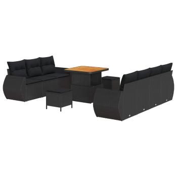 10-teilige Garten Sofa Set mit Kissen Schwarz Poly Rattan Akazie, 3-teilige Garten Essgruppe mit Kissen Schwarz Poly Rattan Akazie