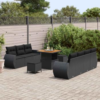 10-teilige Garten Sofa Set mit Kissen Schwarz Poly Rattan Akazie, 3-teilige Garten Essgruppe mit Kissen Schwarz Poly Rattan Akazie