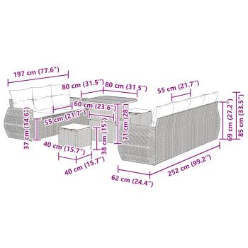 10-teilige Garten Sofa Set mit Kissen Schwarz Poly Rattan Akazie, 3-teilige Garten Essgruppe mit Kissen Schwarz Poly Rattan Akazie